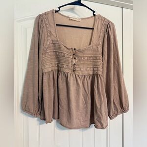 Lucky Brand Pink Smocked 3/4 Sleeve Blouse